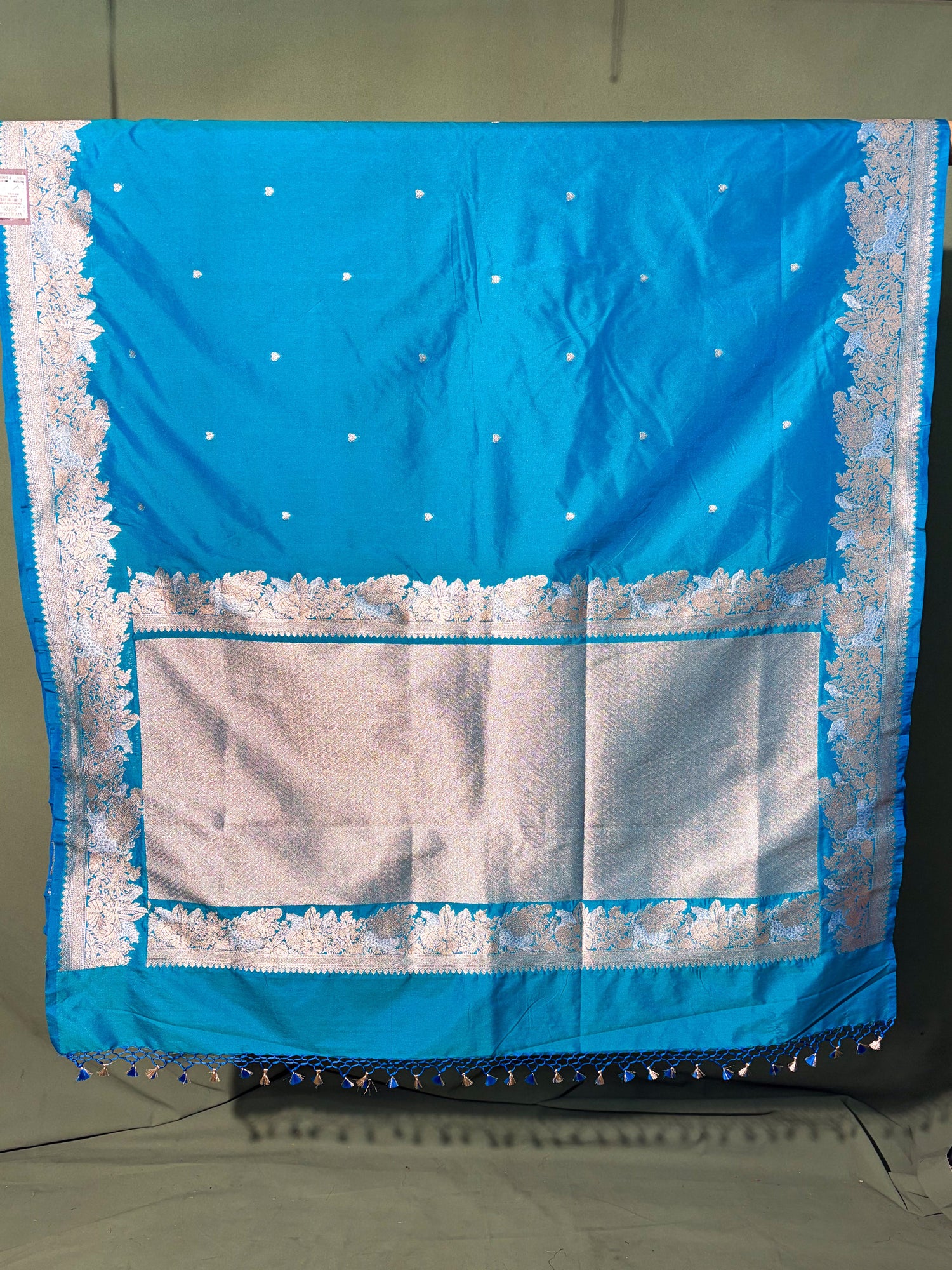 WAAH BANARAS 101: Ocean Blue Semi Katan Silk Saree with Classic Zari Motifs