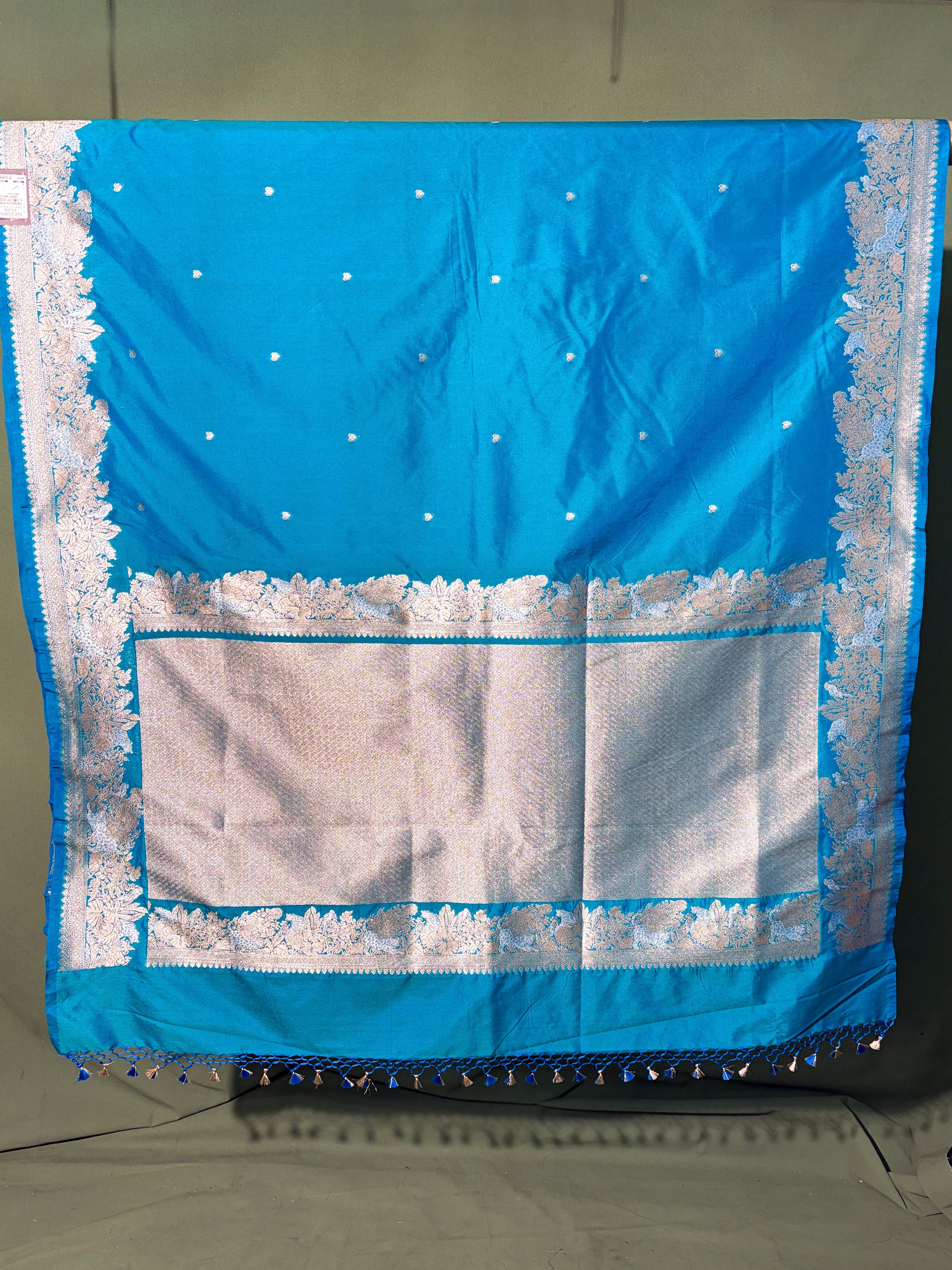 WAAH BANARAS 101: Ocean Blue Semi Katan Silk Saree with Classic Zari Motifs