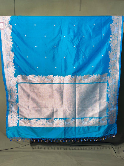 WAAH BANARAS 101: Ocean Blue Semi Katan Silk Saree with Classic Zari Motifs