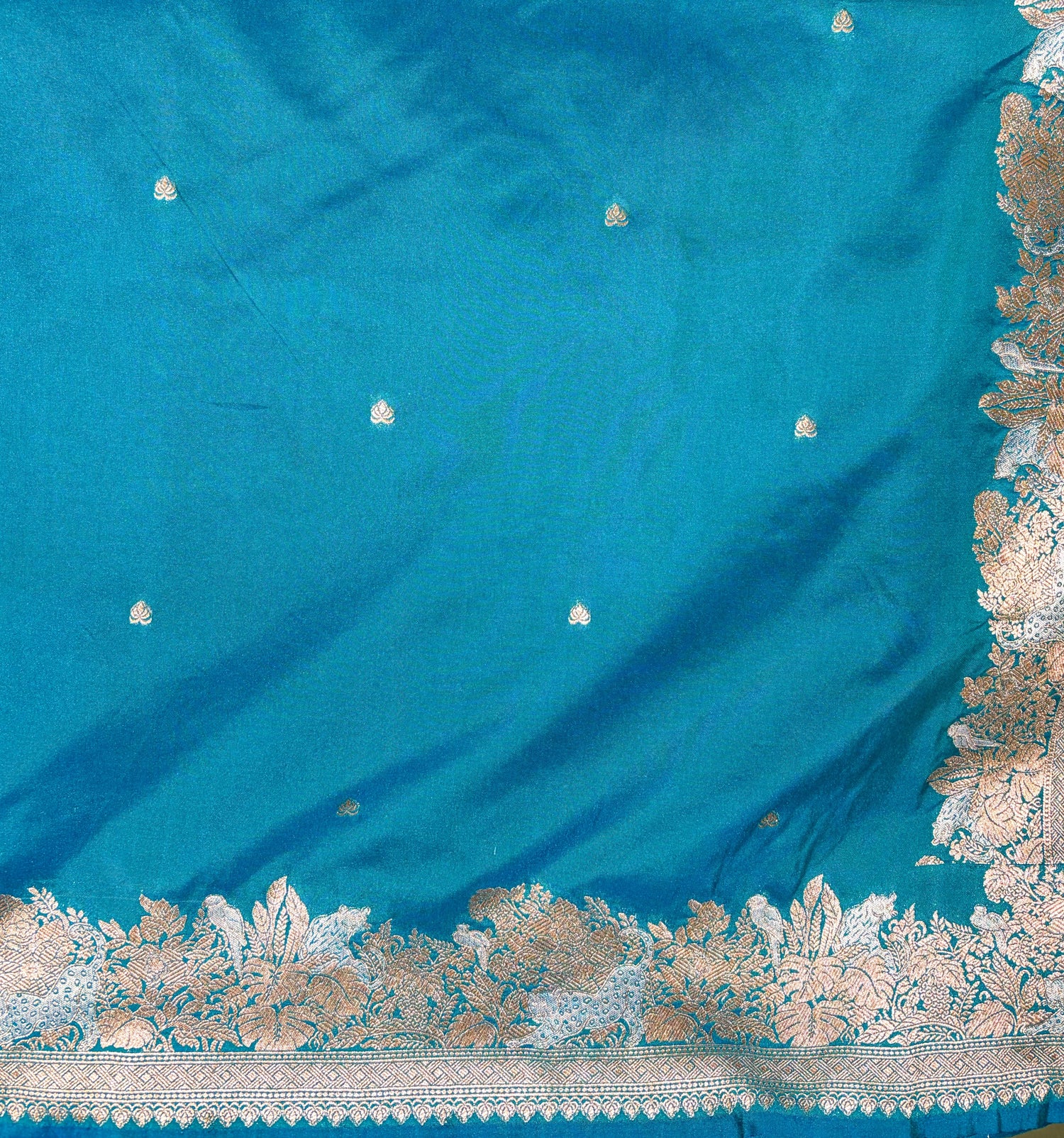 WAAH BANARAS 101: Ocean Blue Semi Katan Silk Saree with Classic Zari Motifs