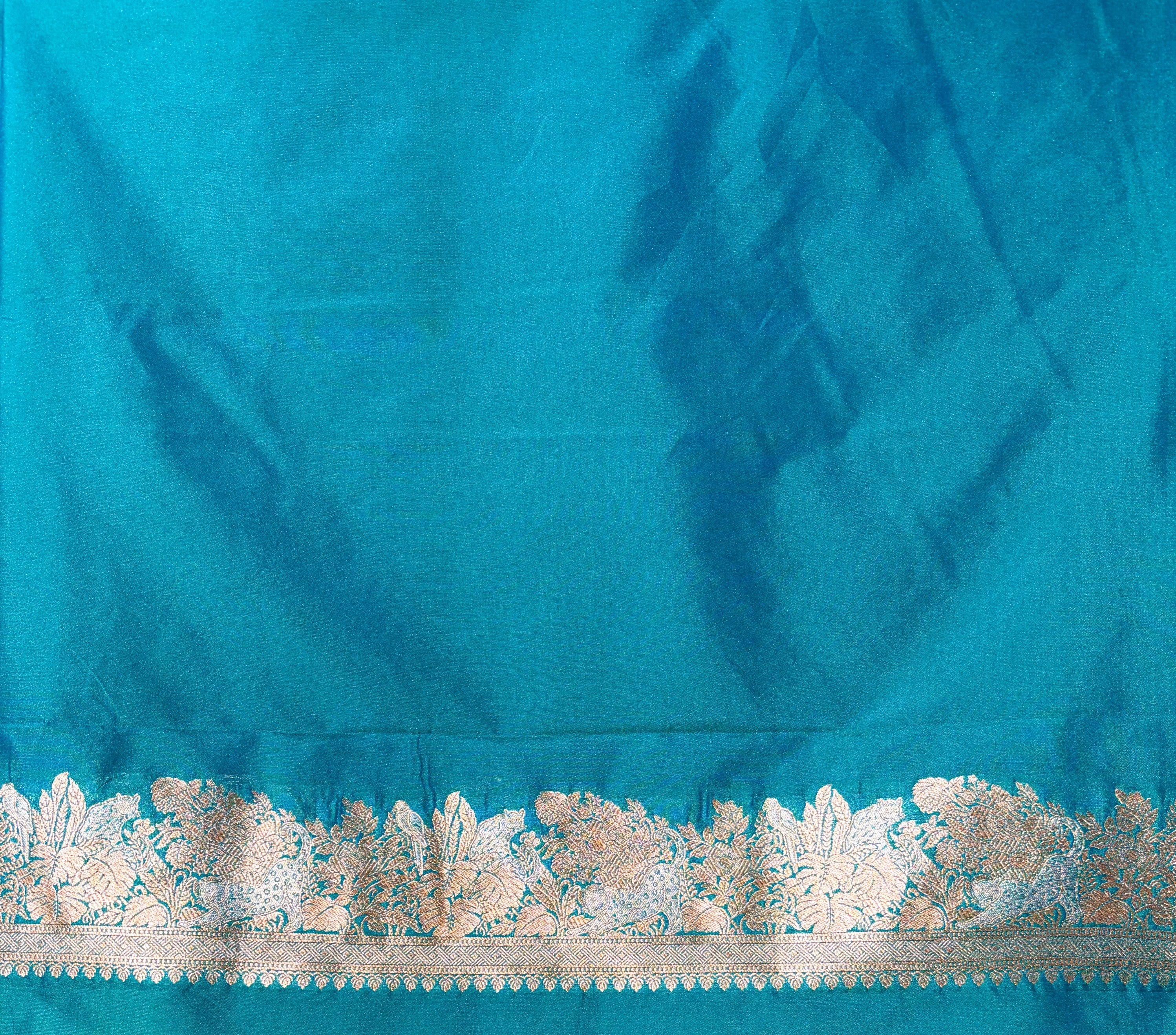 WAAH BANARAS 101: Ocean Blue Semi Katan Silk Saree with Classic Zari Motifs