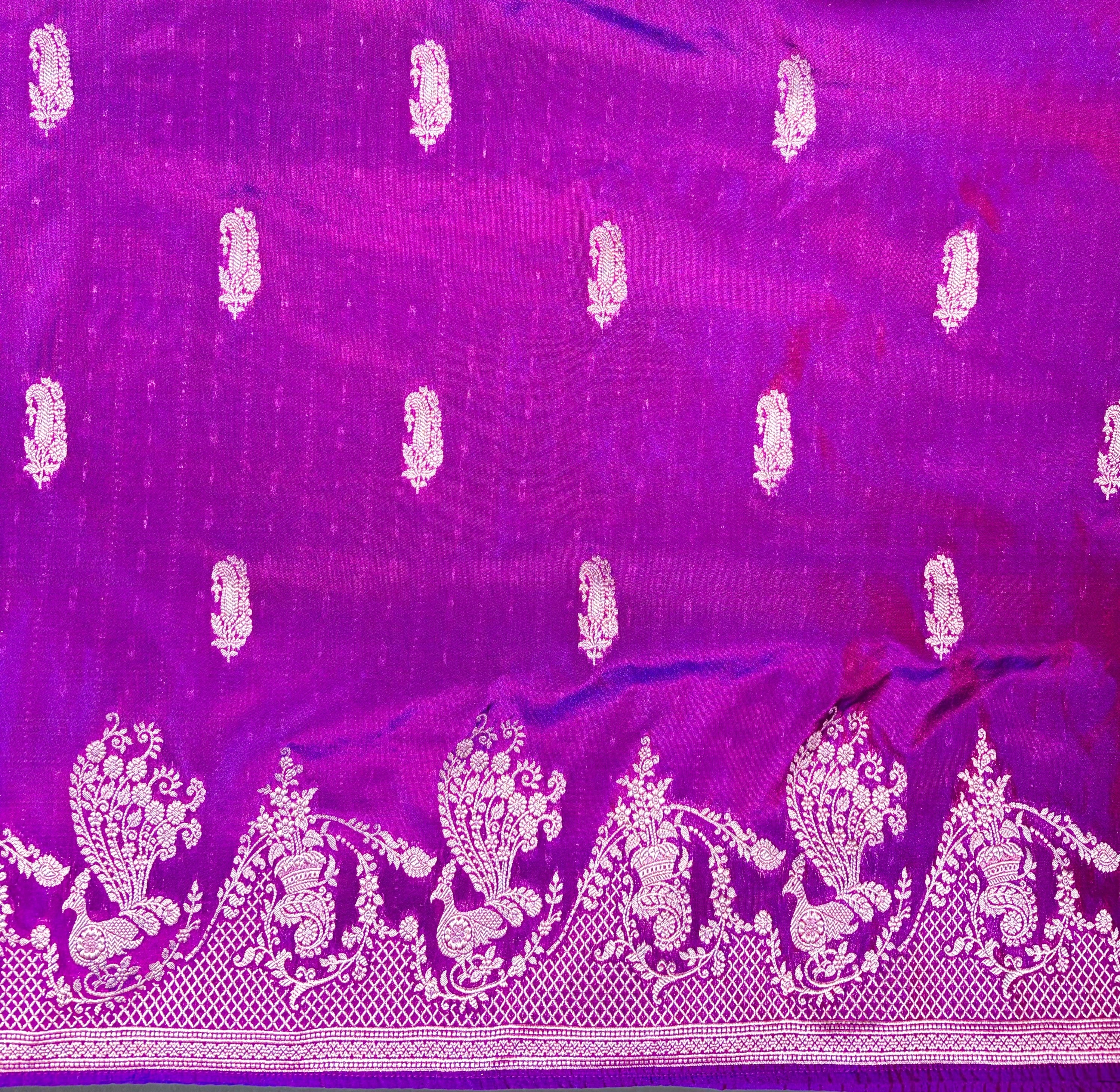 Waah Banaras 103: Stunning Dual Tone Purple Semi Katan Banarasi Saree with Sona Rupa Zari &amp; Heritage Peacock Border