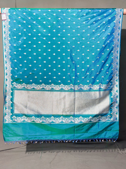 Waah Banaras 106: Turquoise Blue Semi Katan Banarasi Saree with Sona Rupa Zari Elegance