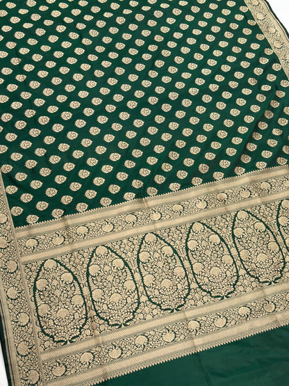 VIRASAT 430: Bottle Green Pure Handloom Katan Silk Saree with Gold Zari Buta &amp; Traditional Banarasi Border