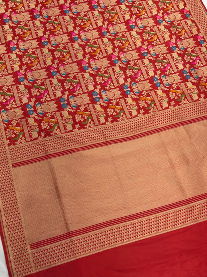 VIRASAT 435: Silk Mark Certified Pure Red Pure Handloom Katan Silk Saree with Kadwa Meenakari Bird Motif Zari Jaal