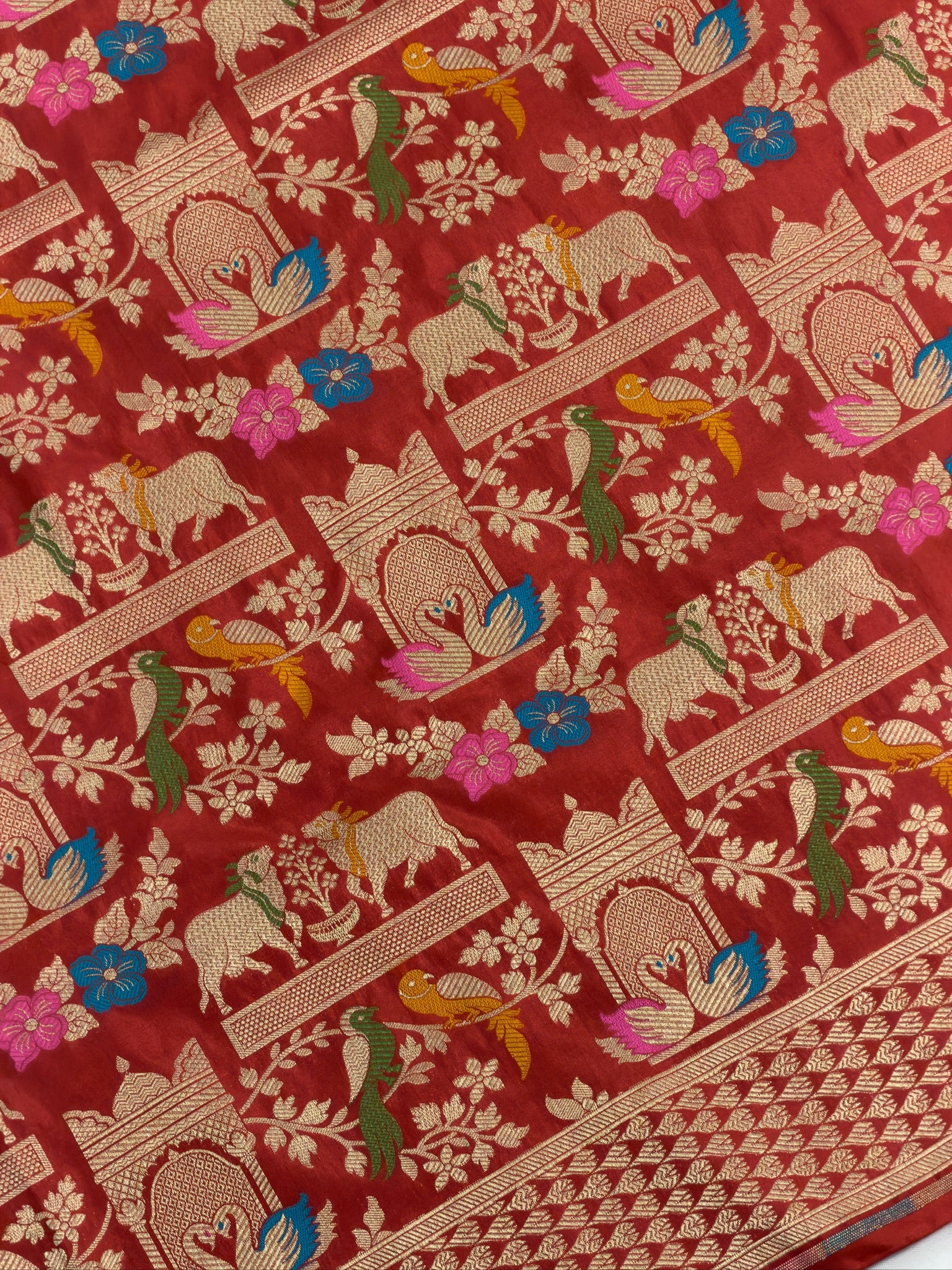 VIRASAT 435: Silk Mark Certified Pure Red Pure Handloom Katan Silk Saree with Kadwa Meenakari Bird Motif Zari Jaal