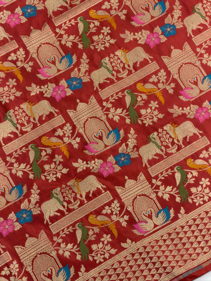 VIRASAT 435: Silk Mark Certified Pure Red Pure Handloom Katan Silk Saree with Kadwa Meenakari Bird Motif Zari Jaal