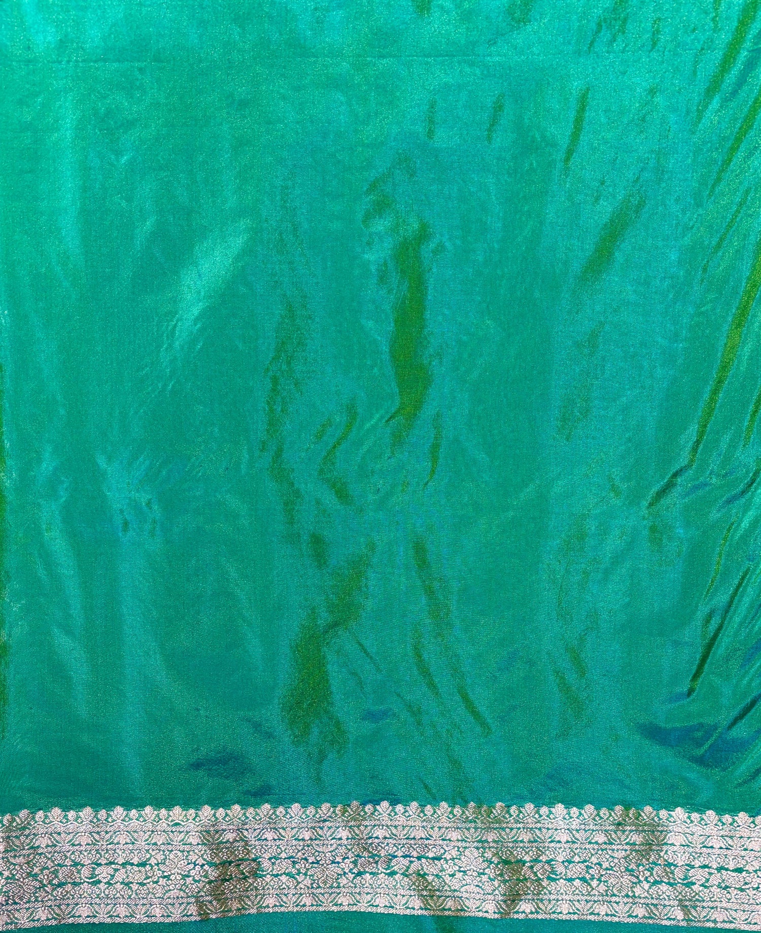 WAAH BANARAS 150: Dual Tone Pine Green Semi Katan Silk Saree with Gold Zari Floral Jaal