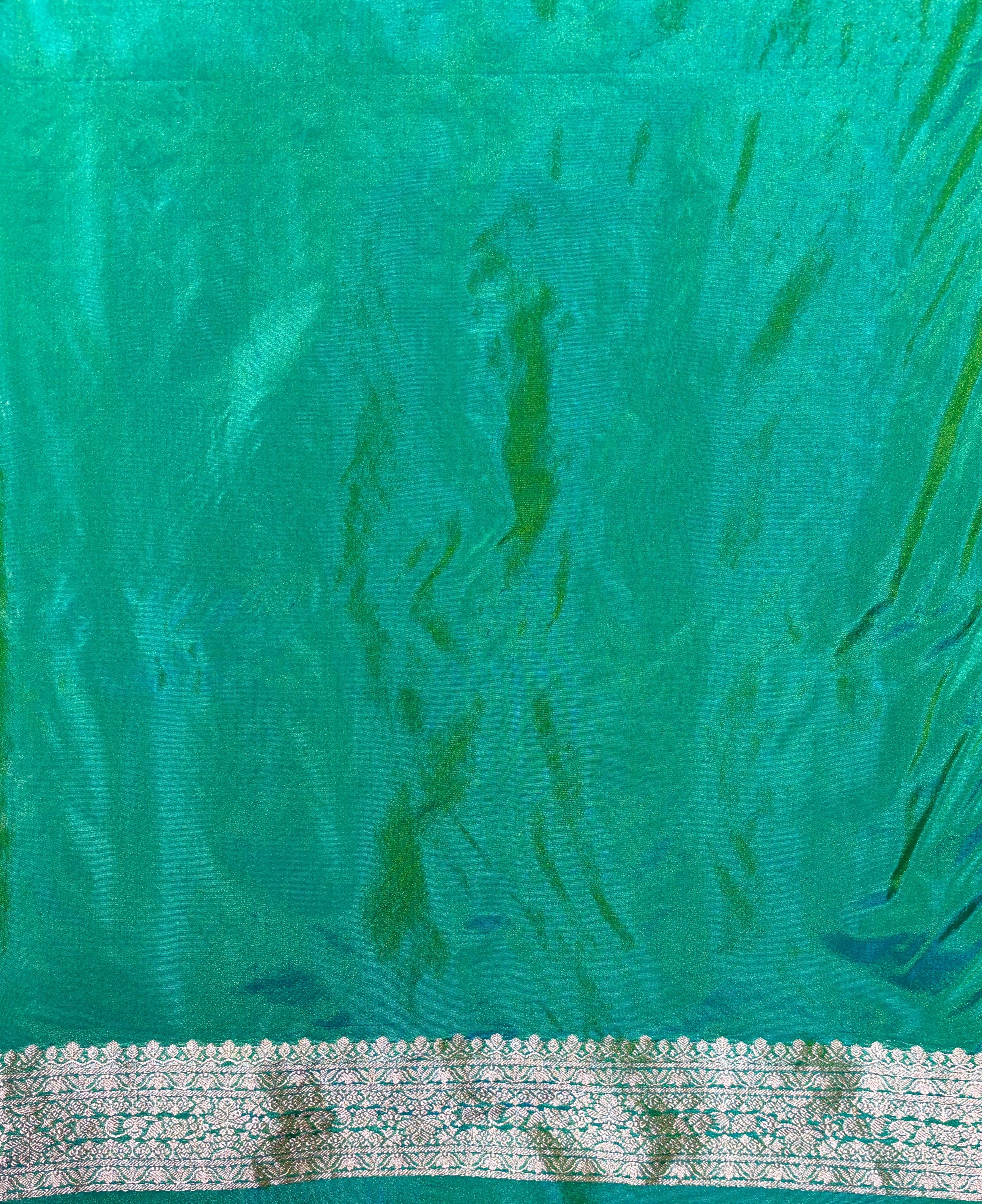 WAAH BANARAS 150: Dual Tone Pine Green Semi Katan Silk Saree with Gold Zari Floral Jaal