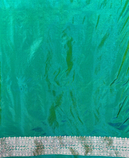 WAAH BANARAS 150: Dual Tone Pine Green Semi Katan Silk Saree with Gold Zari Floral Jaal