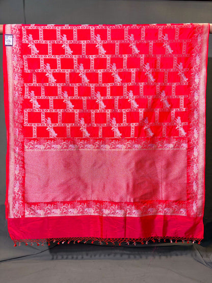 Waah Banaras 109: Royal Dual Tone Rust Red Semi Katan Banarasi Saree with Sona Rupa Zari &amp; Heritage Jaal Design