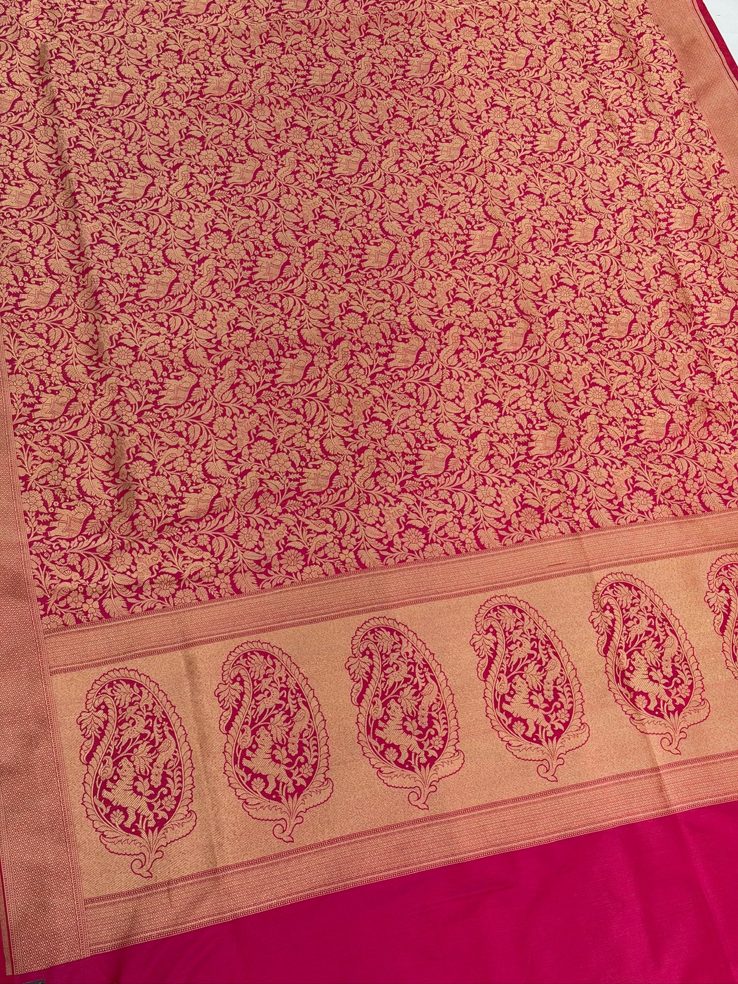 VIRASAT 431: Gajari Pink Pure Handloom Katan Silk Saree with Kadwa Zari Allover Buta &amp; Grand Banarasi Border