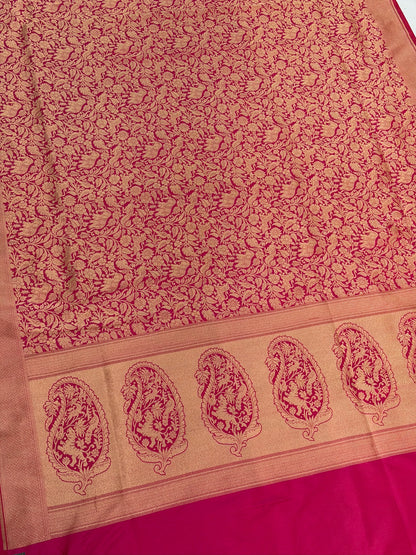 VIRASAT 431: Gajari Pink Pure Handloom Katan Silk Saree with Kadwa Zari Allover Buta &amp; Grand Banarasi Border