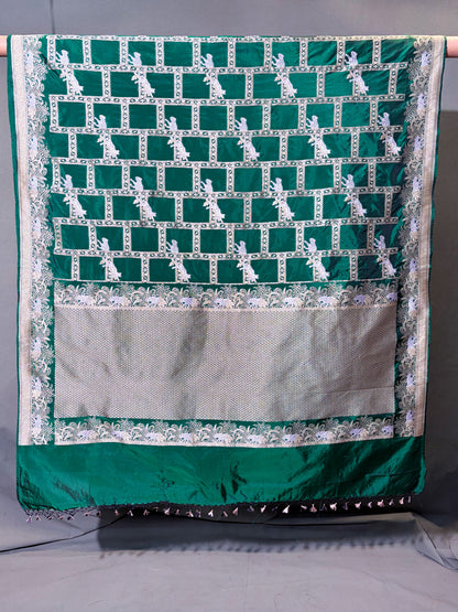 WAAH BANARAS 152: Royal Dual Tone Bottle Green Semi Katan Saree with Sona Rupa Zari Jaal &amp; Designer Pallu