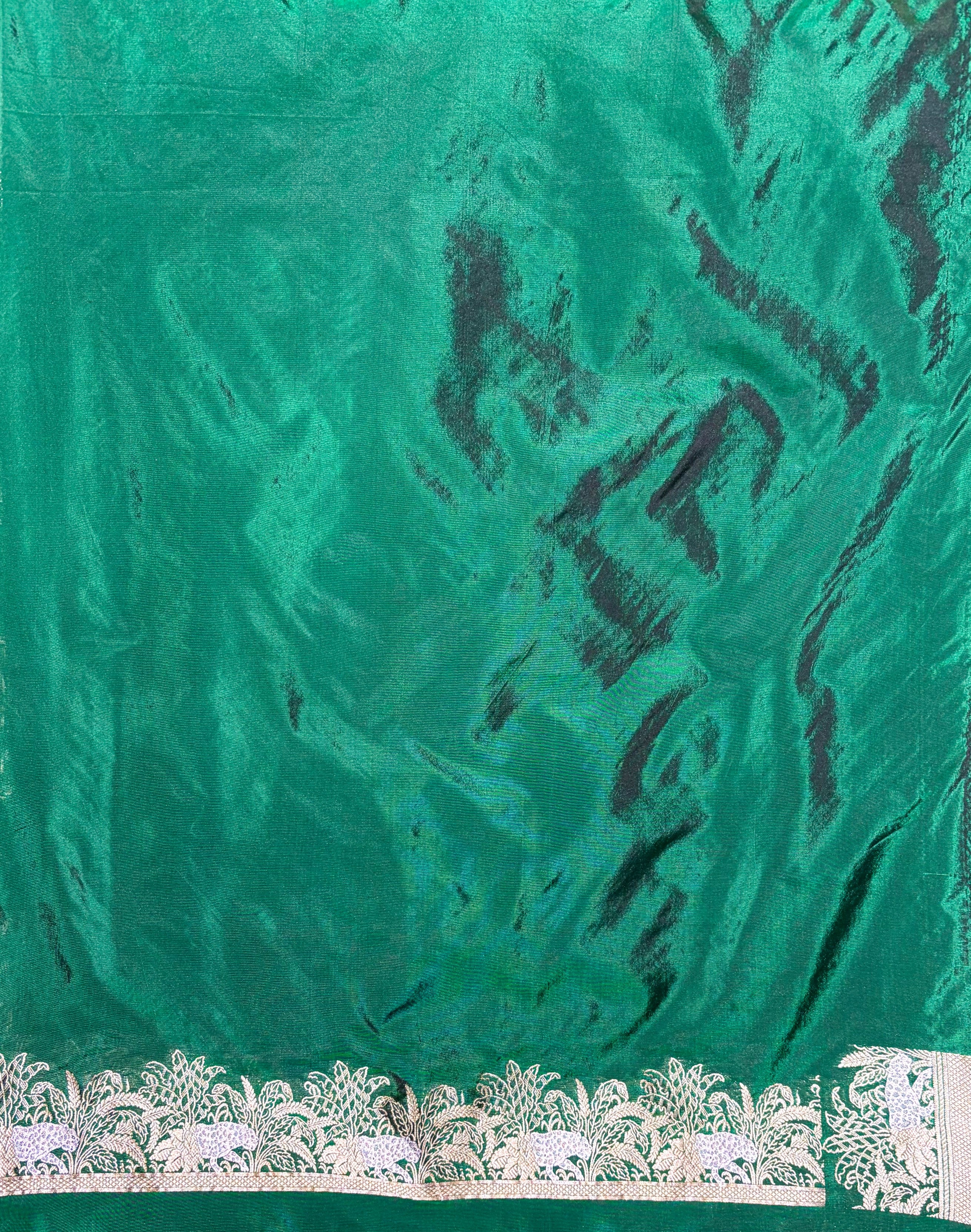WAAH BANARAS 152: Royal Dual Tone Bottle Green Semi Katan Saree with Sona Rupa Zari Jaal &amp; Designer Pallu