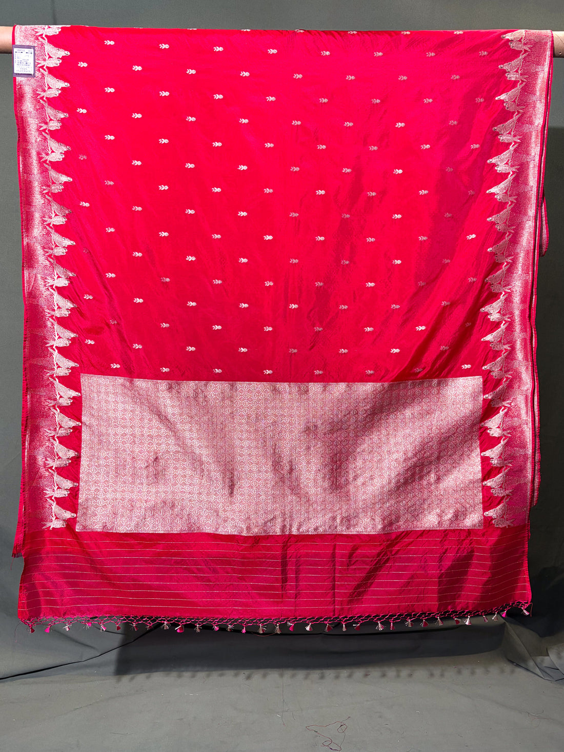 Waah Banaras 139: Pinkish Red Semi Katan Banarasi Saree with Gold Zari Buti &amp; Meenakari Border