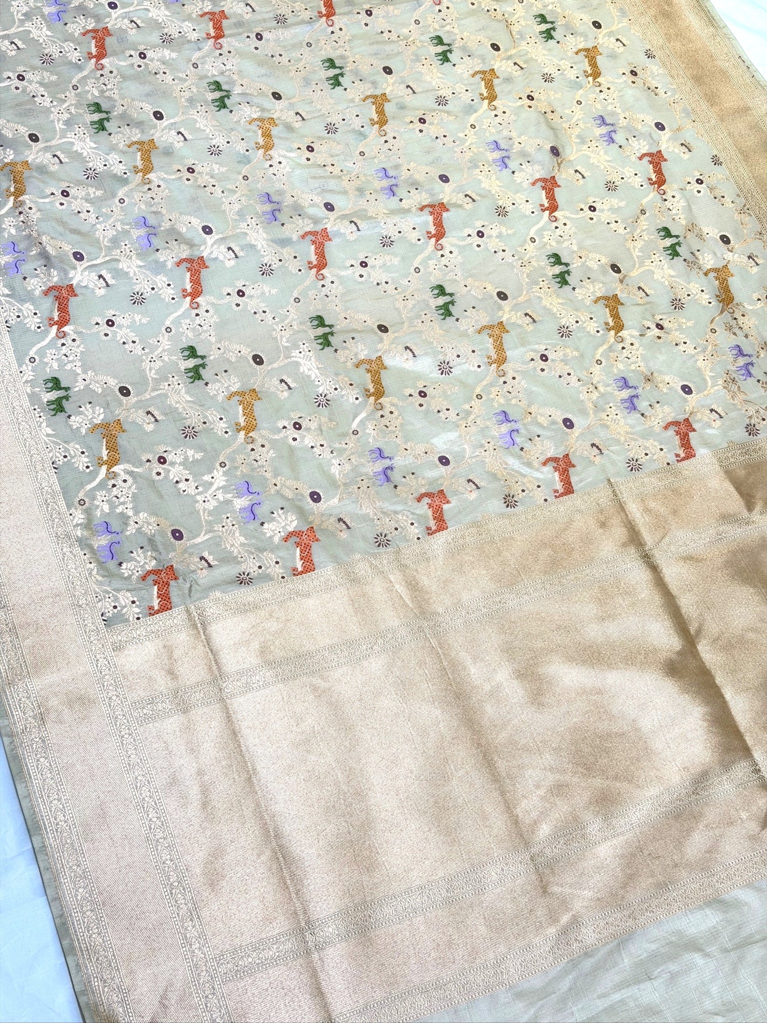 VIRASAT 432: Silk Mark Certified Ivory White Pure Handloom Katan Silk Saree with Kadwa Sikargah Zari Jaal &amp; Meenakari Weaving