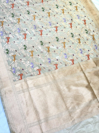 VIRASAT 432: Silk Mark Certified Ivory White Pure Handloom Katan Silk Saree with Kadwa Sikargah Zari Jaal &amp; Meenakari Weaving