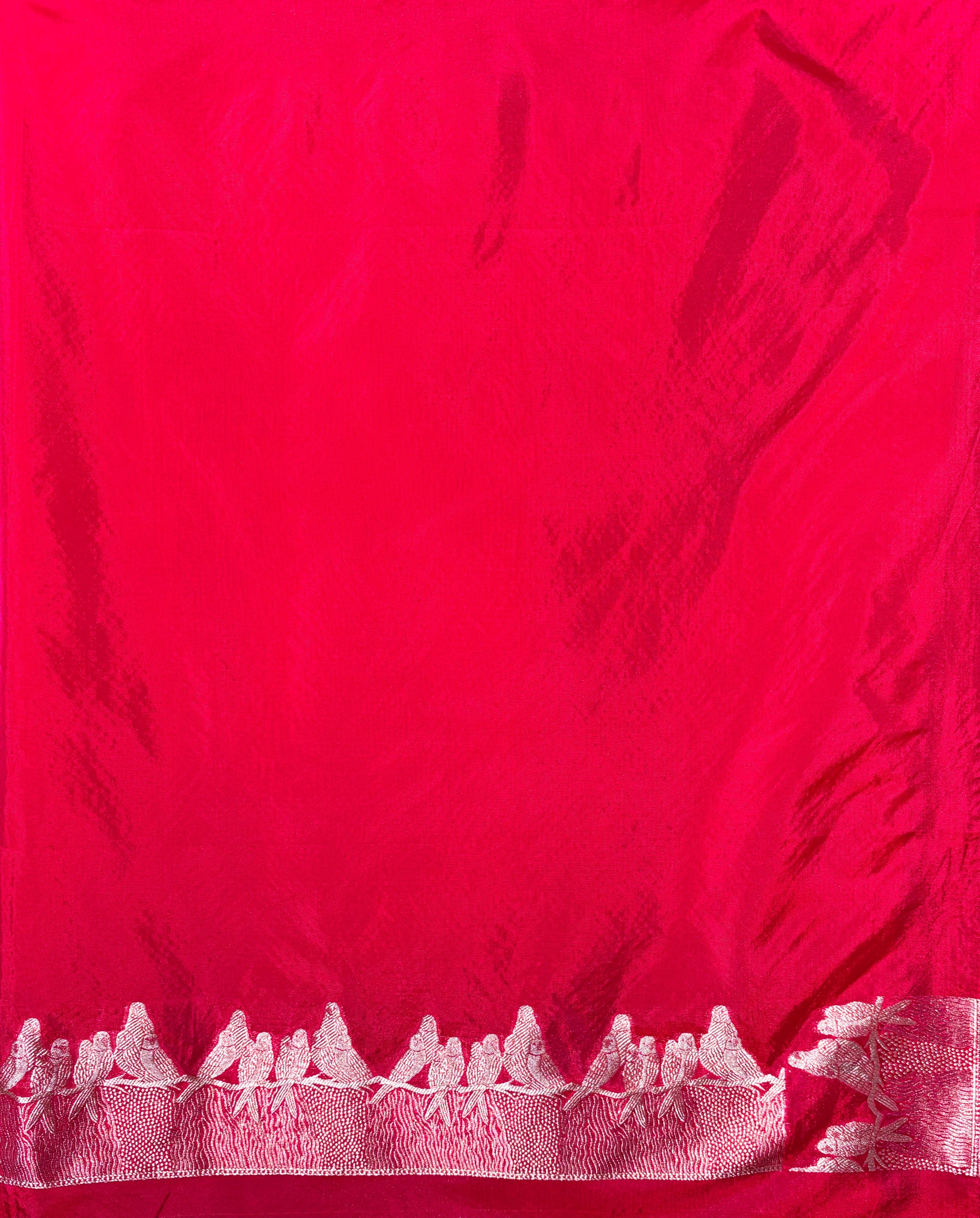 Waah Banaras 139: Pinkish Red Semi Katan Banarasi Saree with Gold Zari Buti &amp; Meenakari Border