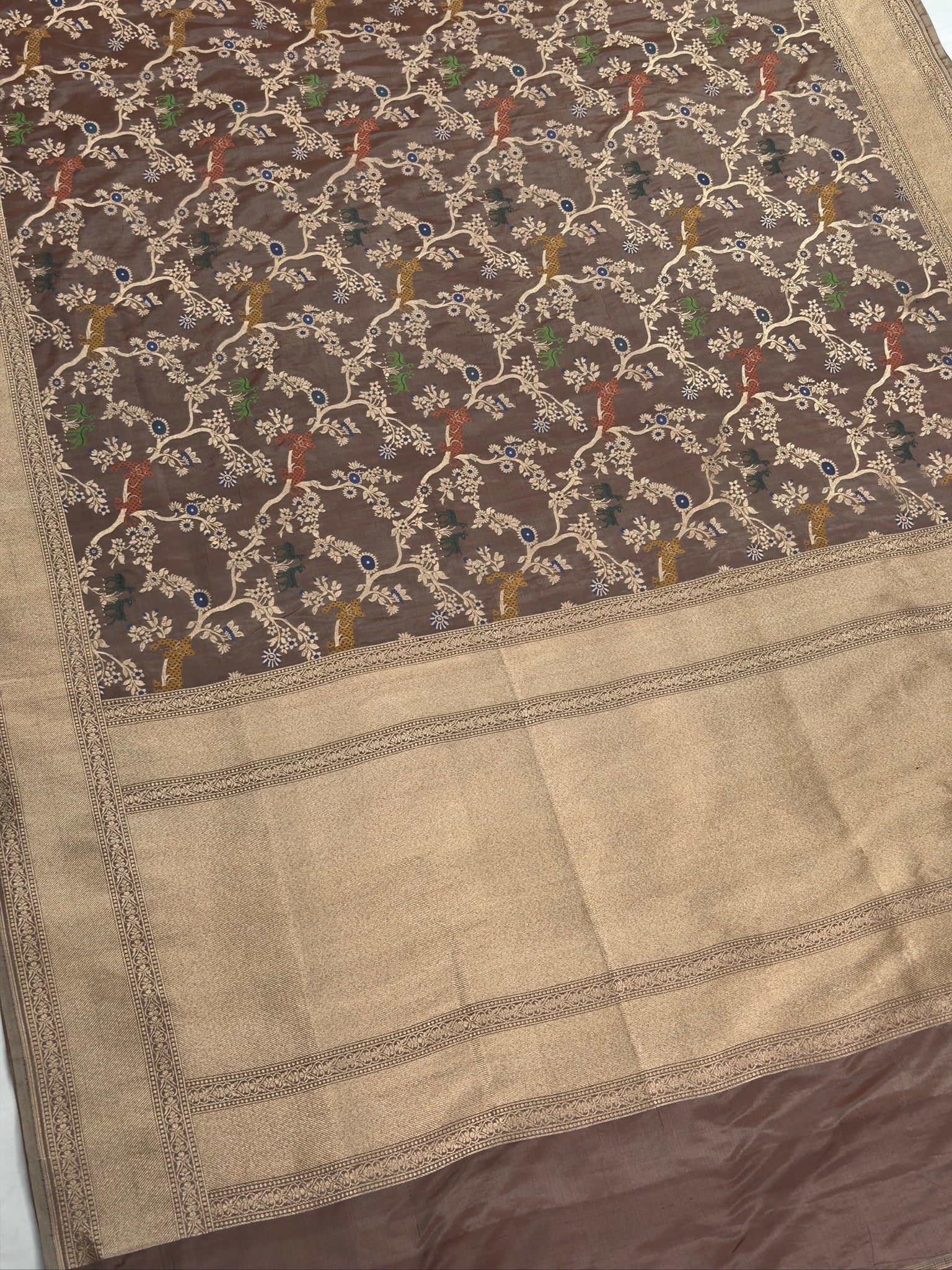 VIRASAT 434: Silk Mark Certified Taupe Brown Pure Handloom Katan Silk Saree with Kadwa Meenakari Sikargah Zari Jaal