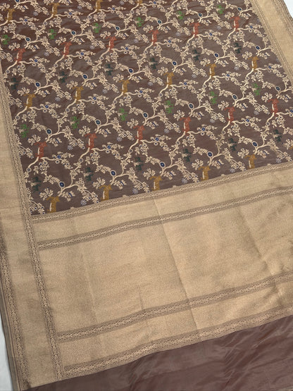VIRASAT 434: Silk Mark Certified Taupe Brown Pure Handloom Katan Silk Saree with Kadwa Meenakari Sikargah Zari Jaal