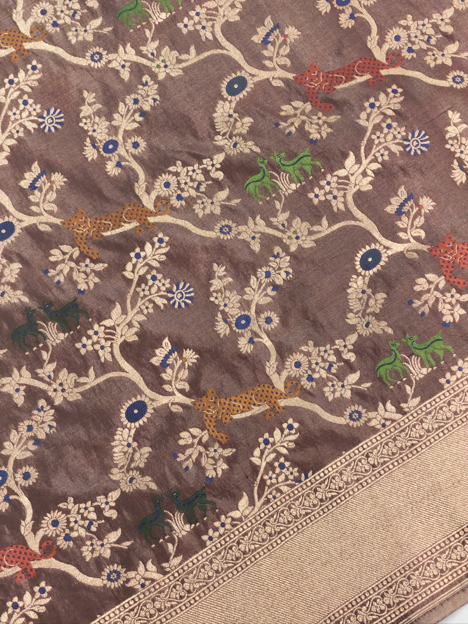 VIRASAT 434: Silk Mark Certified Taupe Brown Pure Handloom Katan Silk Saree with Kadwa Meenakari Sikargah Zari Jaal