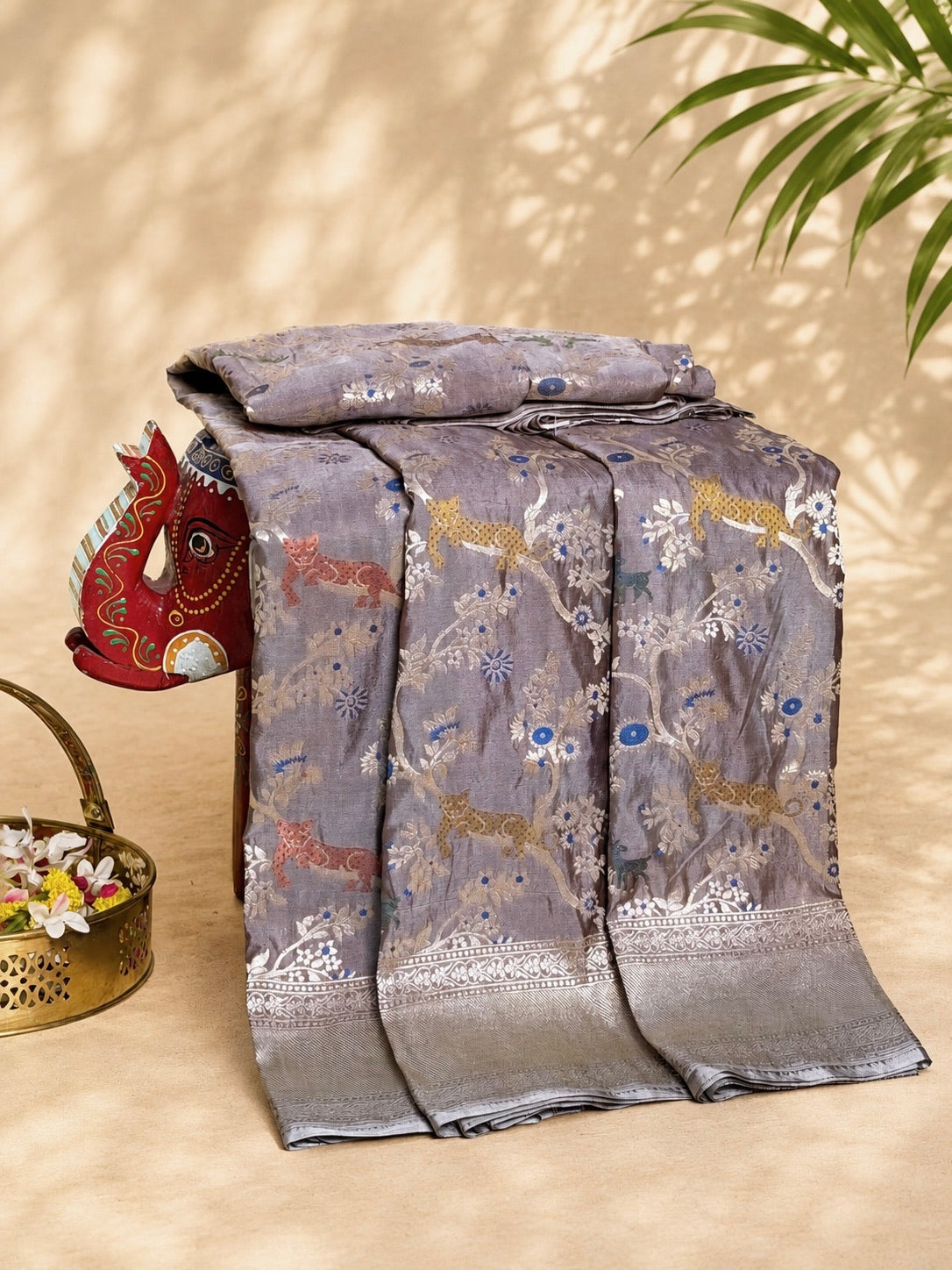 VIRASAT 434: Silk Mark Certified Taupe Brown Pure Handloom Katan Silk Saree with Kadwa Meenakari Sikargah Zari Jaal