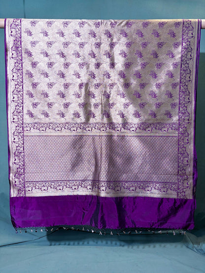 Waah Banaras 146: Bright Purple Regal Lion Motif Gold Zari Brocade Katan Silk Saree