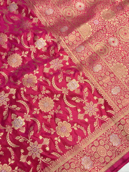 VIRASAT 433: Silk Mark Certified Hot Pink Pure Handloom Katan Silk Saree with Kadwa Sona Rupa Zari Jaal