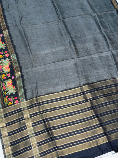 UTSAV BANARAS 288: Slate Grey Tussar Georgette Saree with Beautiful Kalamkari Floral Border