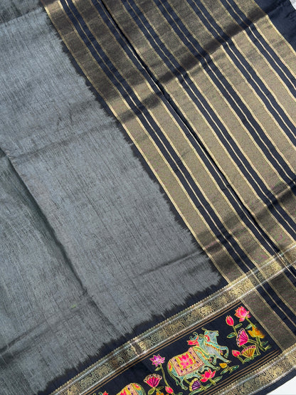 UTSAV BANARAS 288: Slate Grey Tussar Georgette Saree with Beautiful Kalamkari Floral Border