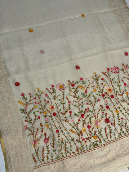 UTSAV BANARAS 411: Pearl White Tussar Silk Saree with Meenakari Pallu &amp; Floral Buti With Thread Border
