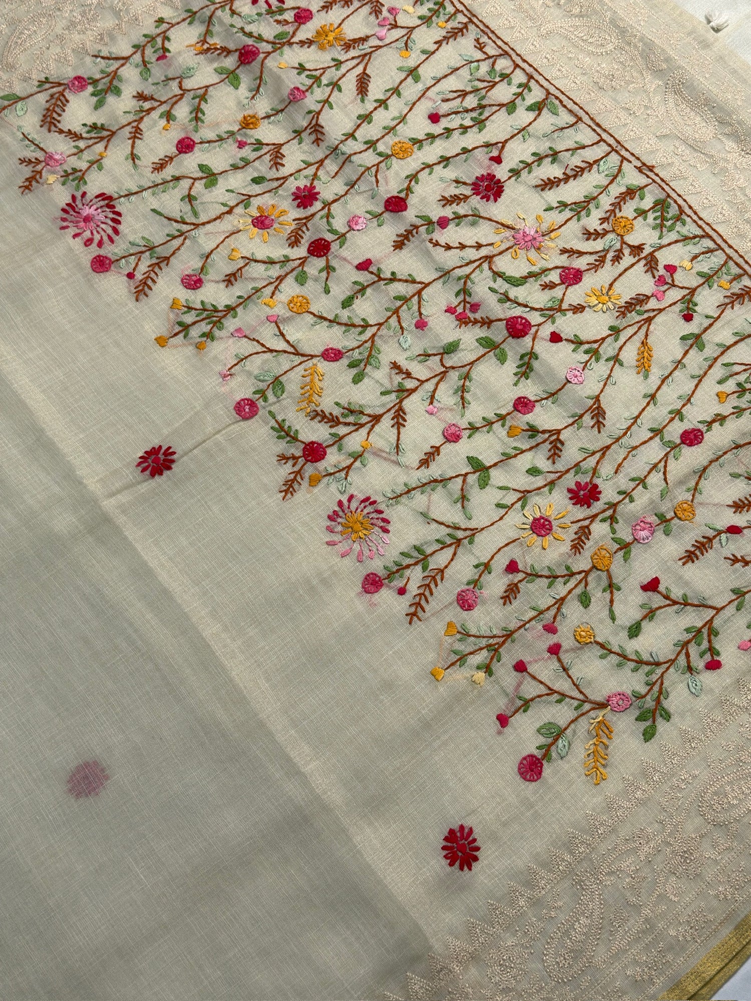 UTSAV BANARAS 411: Pearl White Tussar Silk Saree with Meenakari Pallu &amp; Floral Buti With Thread Border