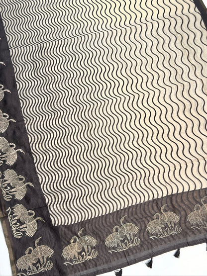 UTSAV BANARAS 408: Steel Grey Raw Silk Saree with Laheriya Design &amp; Silver Floral Buta Border