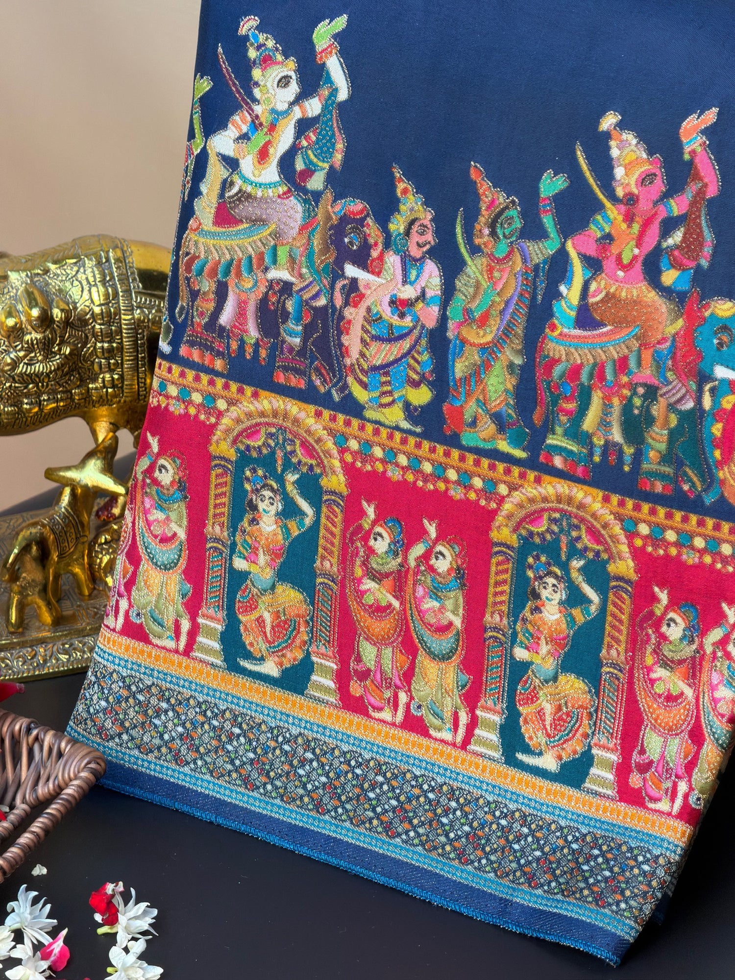 UTSAV BANARAS 477A: Ink Blue Butter Silk Saree with Heritage Position Print &amp; Contrast Blouse