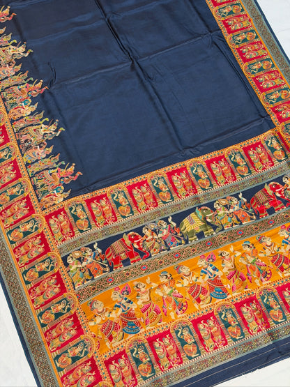 UTSAV BANARAS 477A: Ink Blue Butter Silk Saree with Heritage Position Print &amp; Contrast Blouse