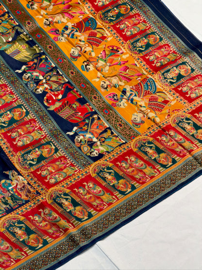 UTSAV BANARAS 477A: Ink Blue Butter Silk Saree with Heritage Position Print &amp; Contrast Blouse