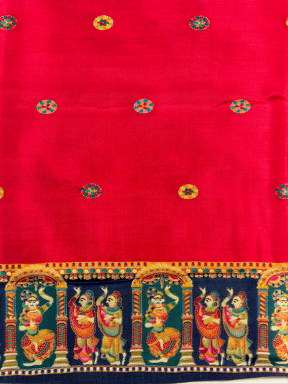 UTSAV BANARAS 477A: Ink Blue Butter Silk Saree with Heritage Position Print &amp; Contrast Blouse