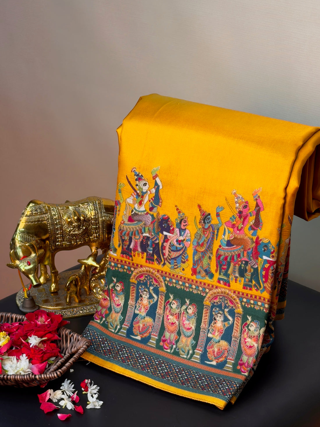 UTSAV BANARAS 477C: Mustard Yellow Butter Silk Saree with Heritage Position Print &amp; Contrast Blouse