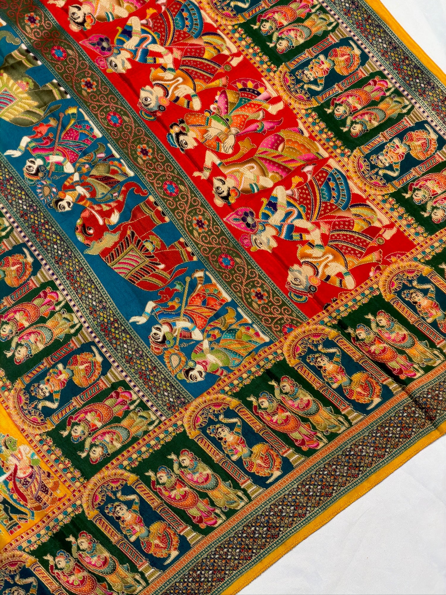 UTSAV BANARAS 477C: Mustard Yellow Butter Silk Saree with Heritage Position Print &amp; Contrast Blouse