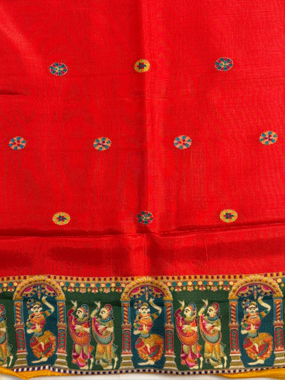 UTSAV BANARAS 477C: Mustard Yellow Butter Silk Saree with Heritage Position Print &amp; Contrast Blouse