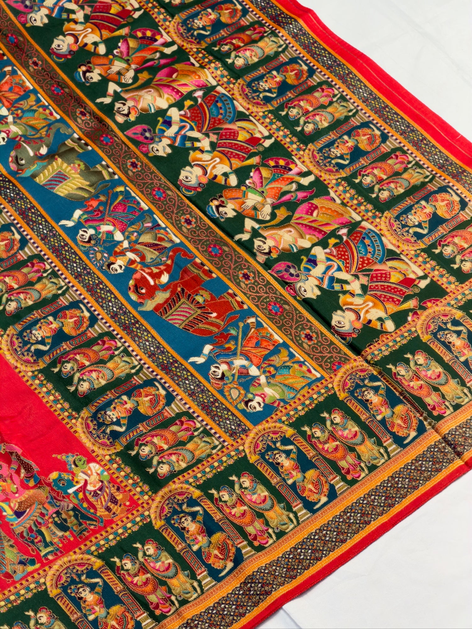 UTSAV BANARAS 477F: Cherry Red Butter Silk Saree with Heritage Position Print &amp; Contrast Blouse