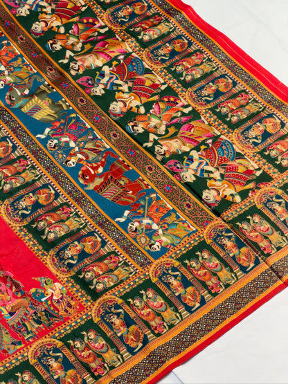UTSAV BANARAS 477F: Cherry Red Butter Silk Saree with Heritage Position Print &amp; Contrast Blouse