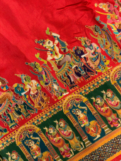 UTSAV BANARAS 477F: Cherry Red Butter Silk Saree with Heritage Position Print &amp; Contrast Blouse