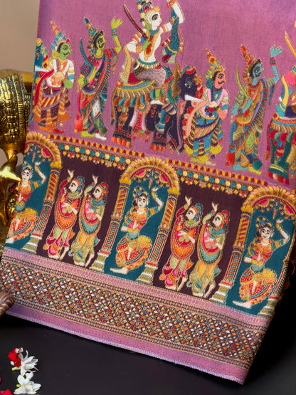 UTSAV BANARAS 477: Onion Pink Butter Silk Saree with Heritage Position Print &amp; Contrast Blouse