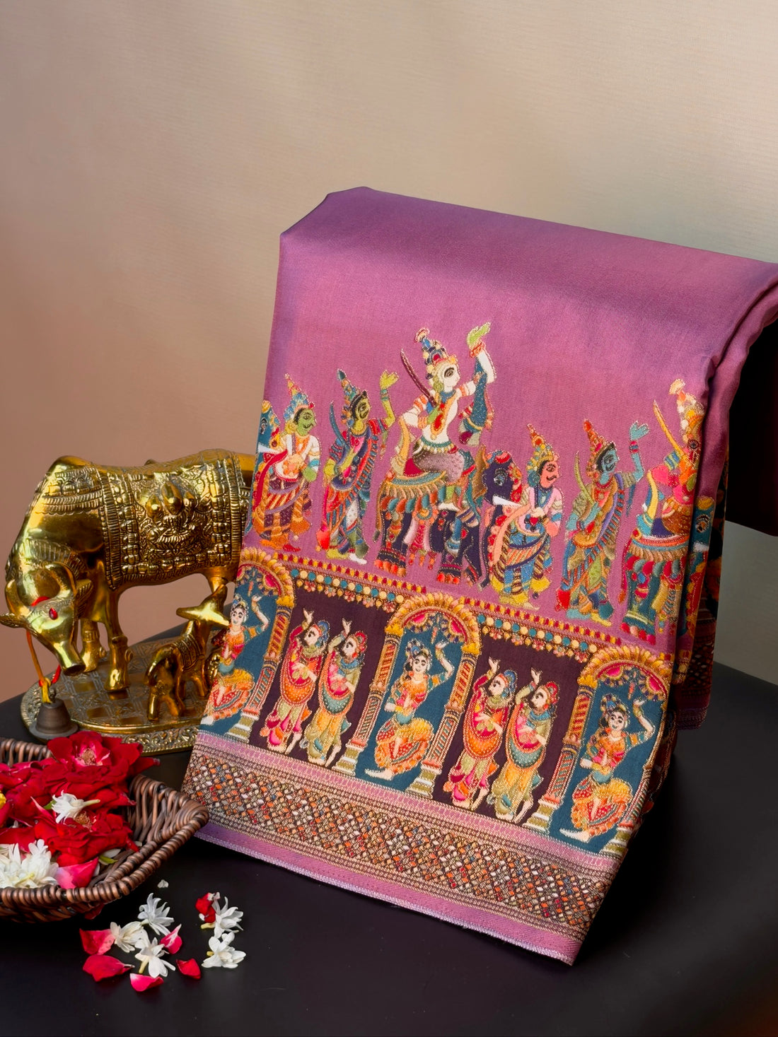 UTSAV BANARAS 477: Onion Pink Butter Silk Saree with Heritage Position Print &amp; Contrast Blouse