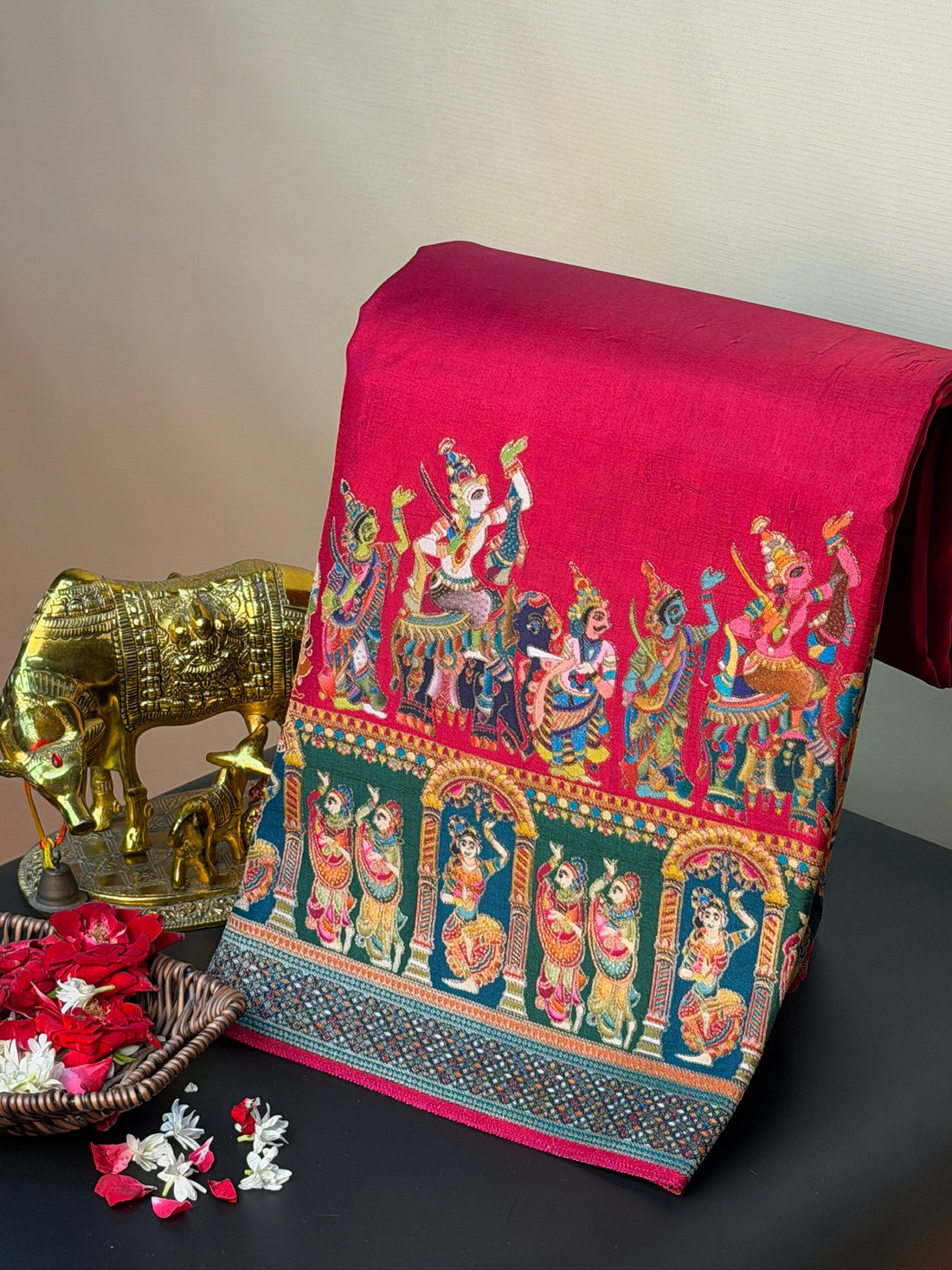 UTSAV BANARAS 477D: Crimson Red Butter Silk Saree with Heritage Position Print &amp; Contrast Blouse