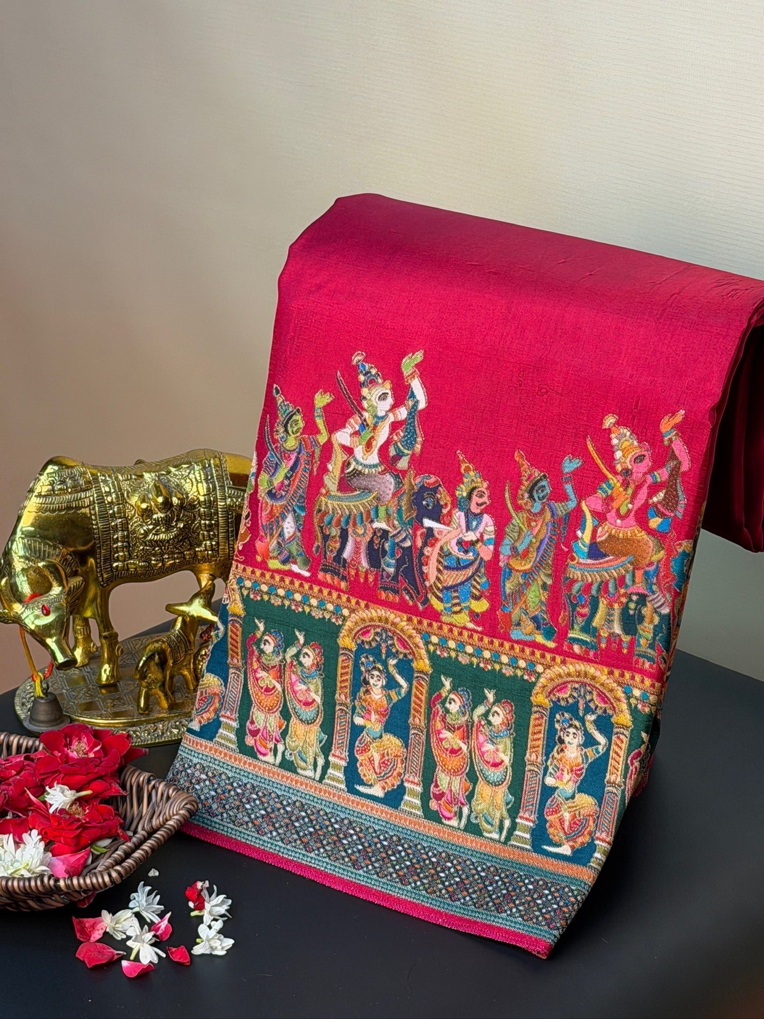 UTSAV BANARAS 477: Onion Pink Butter Silk Saree with Heritage Position Print &amp; Contrast Blouse