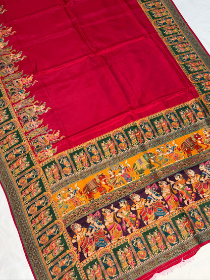 UTSAV BANARAS 477D: Crimson Red Butter Silk Saree with Heritage Position Print &amp; Contrast Blouse