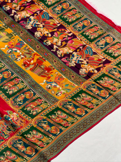 UTSAV BANARAS 477D: Crimson Red Butter Silk Saree with Heritage Position Print &amp; Contrast Blouse